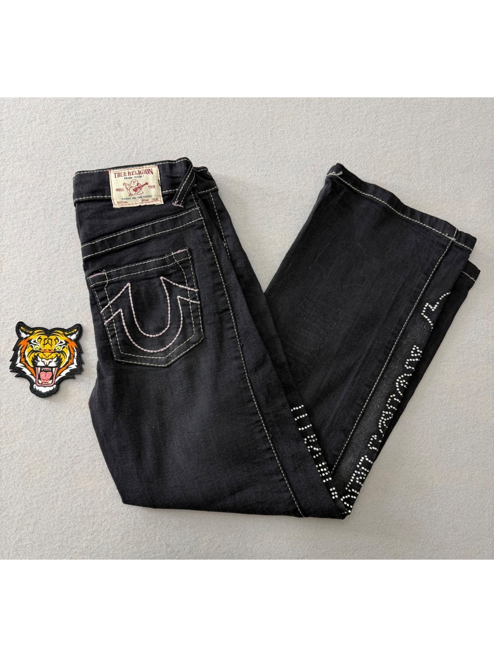 255/984 True Religion Girls Size 8 Leila Wide Leg Jeans Black Rhinestone